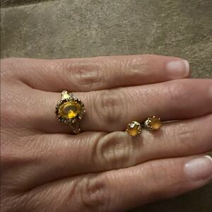 Gold-Tone Citrine Cocktail Ring and Stud Earrings Set - Yellow